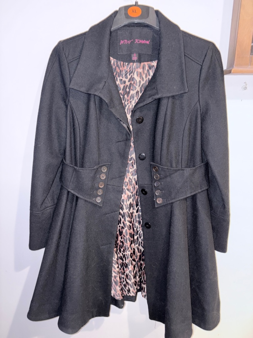 Betsey Johnson Black Trench Coat with Leopard Print Lining